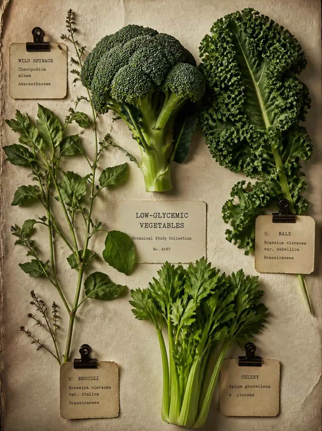 Lámina botánica de verduras de hoja verde y crucíferas: espinaca, brócoli, kale y repollo dispuestos como especímenes de herbario sobre fondo de papel pergamino