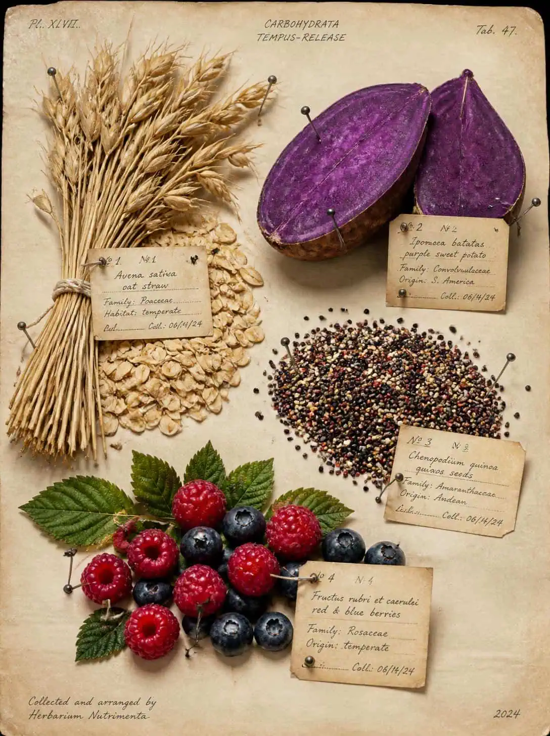 Lámina botánica de carbohidratos de absorción lenta: avena, batata, quinoa y frutos rojos dispuestos como especímenes de herbario numerados