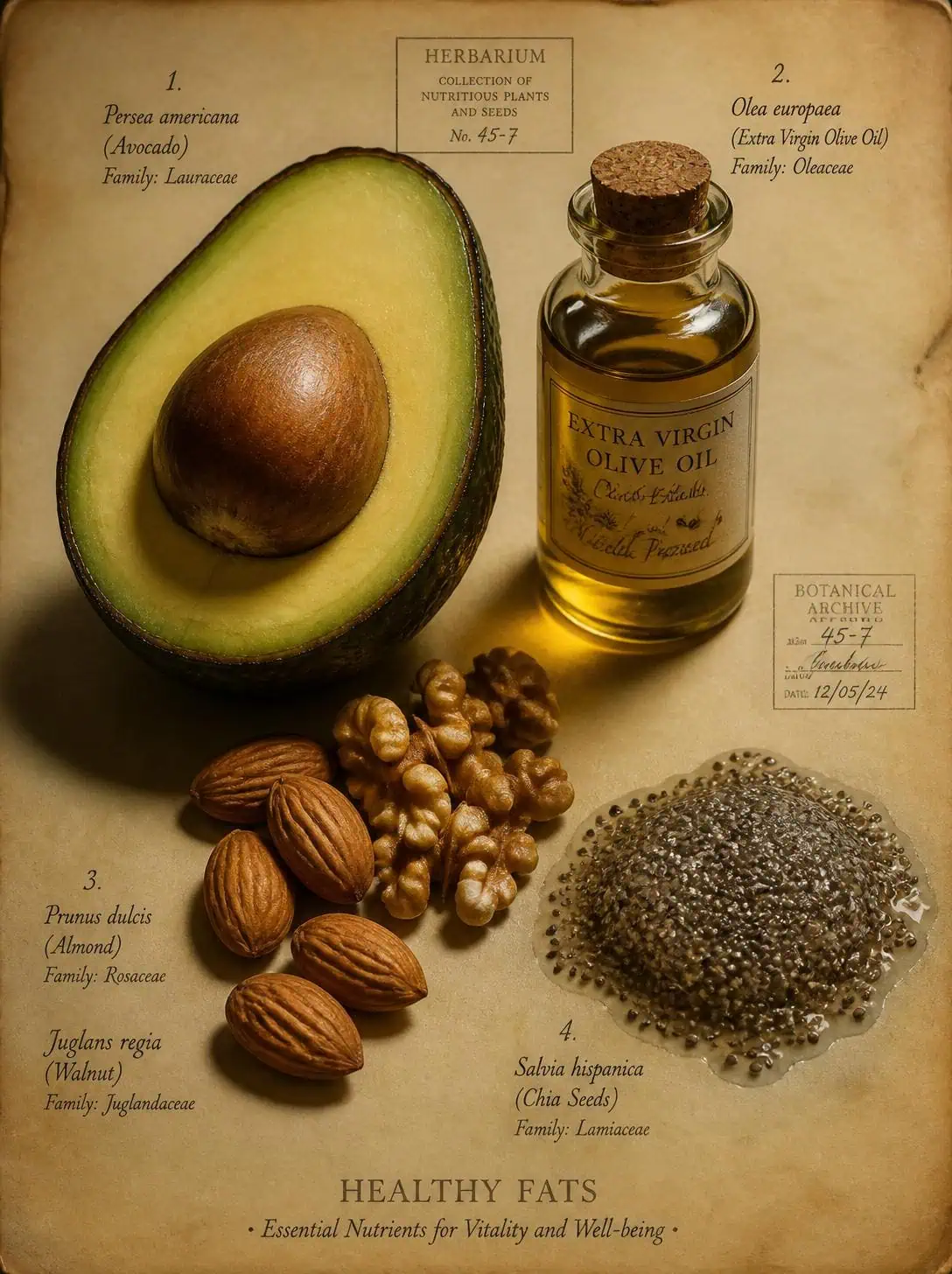 Lámina botánica de grasas saludables: aguacate cortado, aceite de oliva, almendras y semillas de chía dispuestos como especímenes de herbario sobre papel envejecido