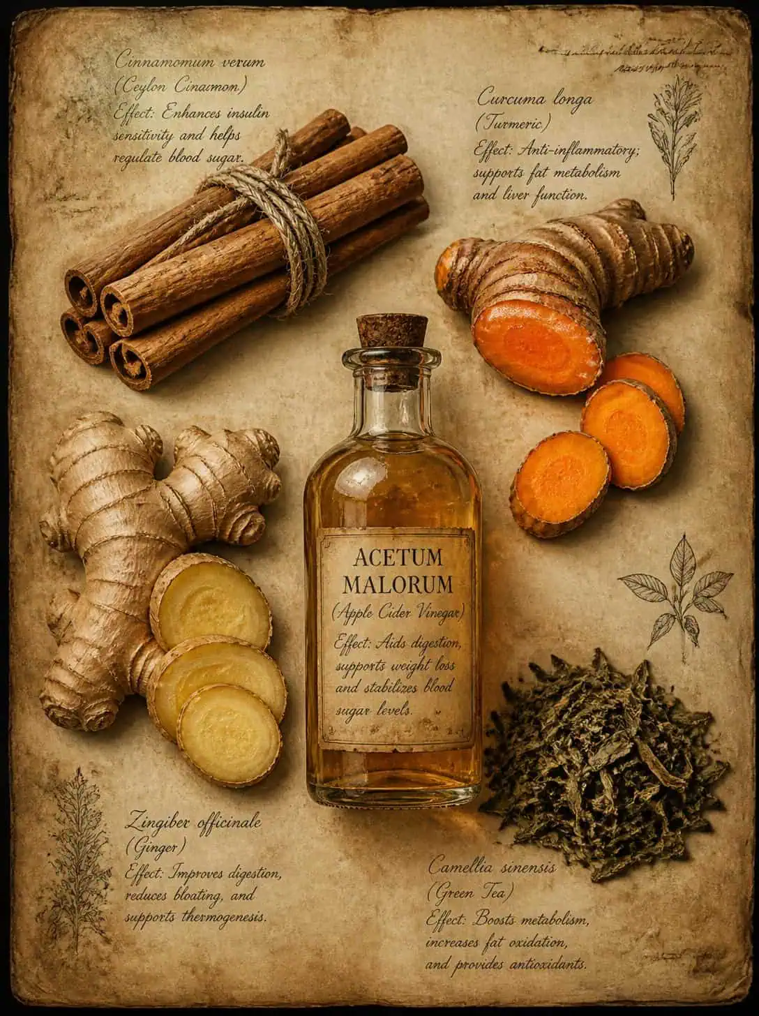 Lámina botánica de especias metabólicas: ramas de canela, raíz de cúrcuma, jengibre y una jarra de vinagre de manzana dispuestos como especímenes de herbario