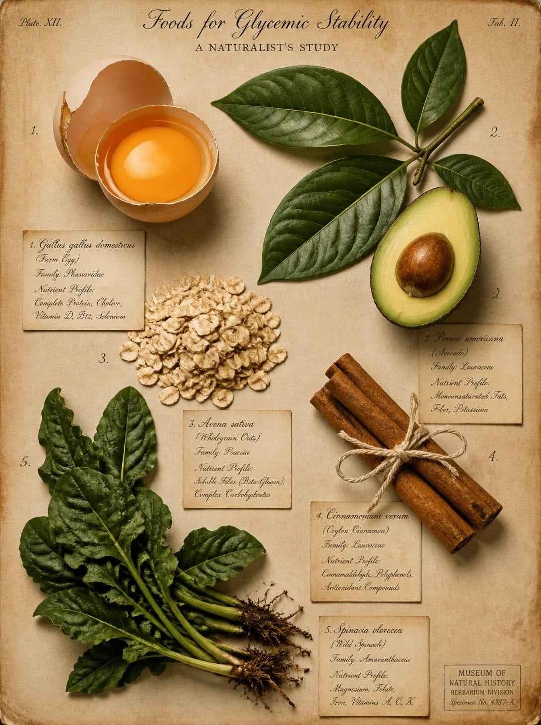 Composición editorial tipo lámina botánica con alimentos que estabilizan el azúcar en sangre: huevos, aguacate, avena, canela y verduras de hoja verde dispuestos como especímenes de herbario